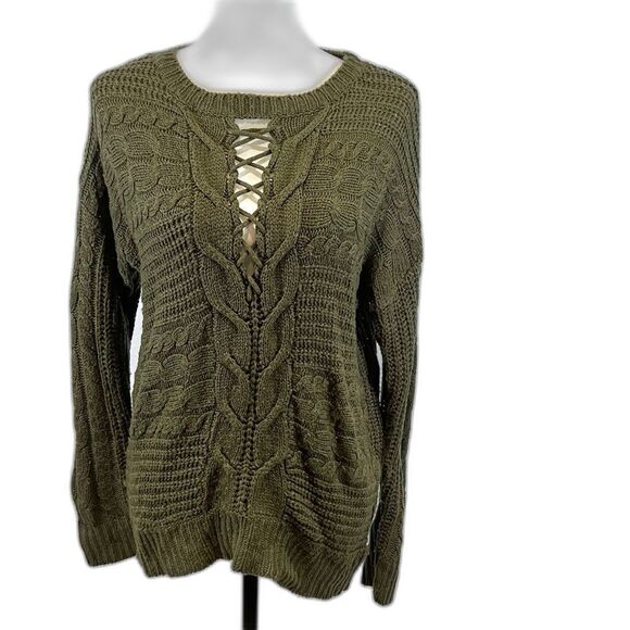 Olive green lace up front cable knit sweater size medium - Picture 1 of 5